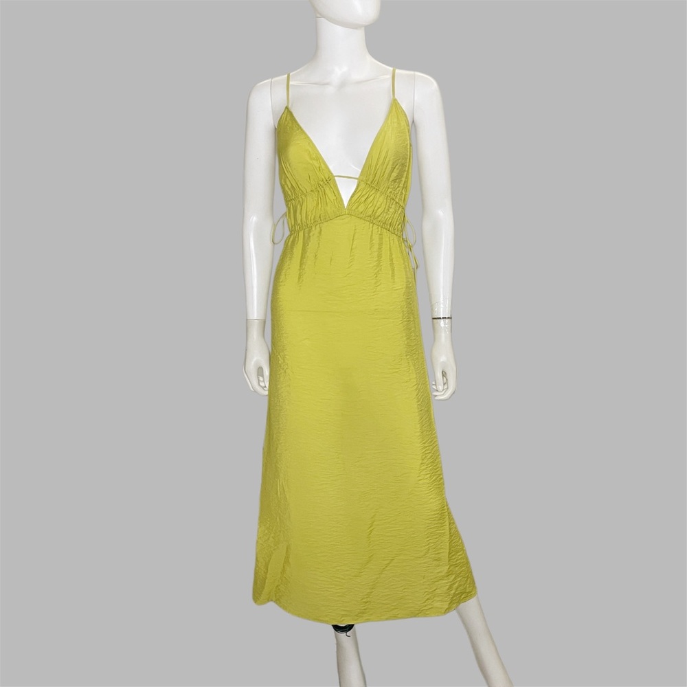 H&M Yellow-Green Sleeveless Drawstring‎ Calf Length Low Cut V-Neck Midi Dress